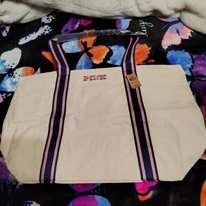 NWT PINK Victoria's Secret Cream and Pink Canvas Tote Bag
